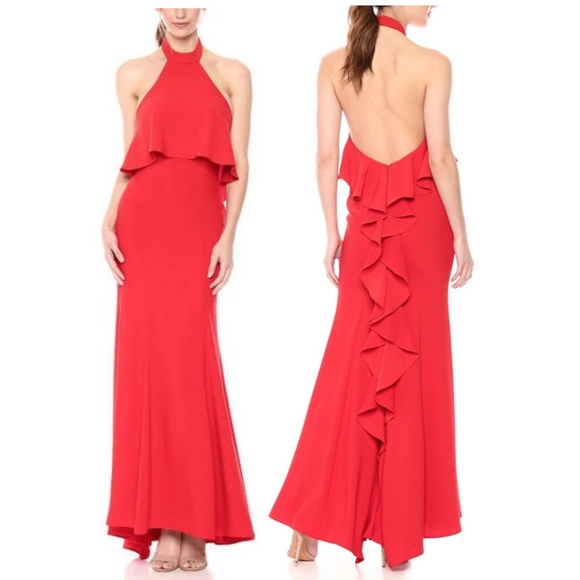 xscape red ruffle dress